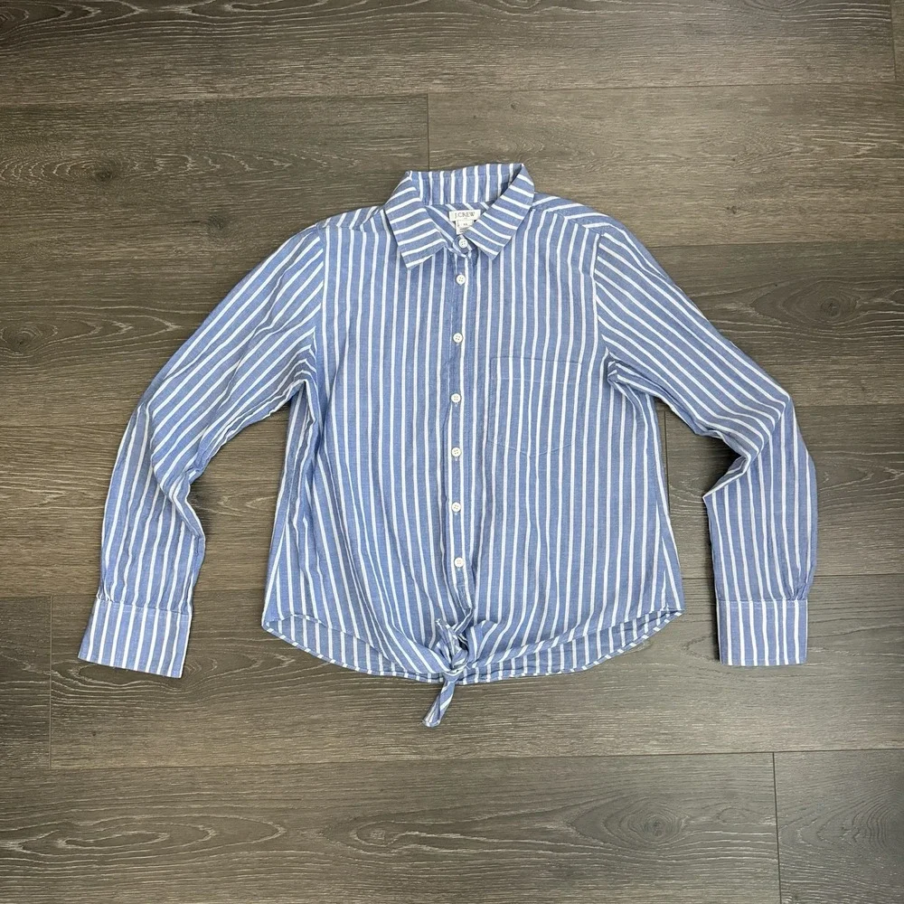 J.Crew Womens Top XS Blue Stripes Tie Hem Blouse Coastal‎ Prep Nautical Boho